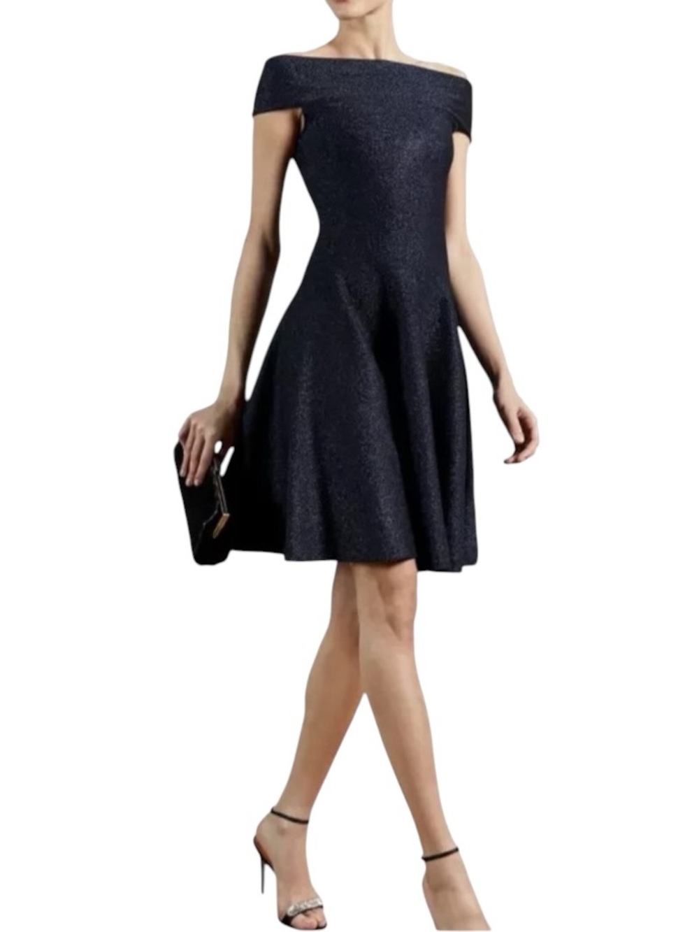 Ted Baker NWT Shelbiy Bardot Off-Shoulder Navy Glitter Midi Dress Sz  6 (US 14)